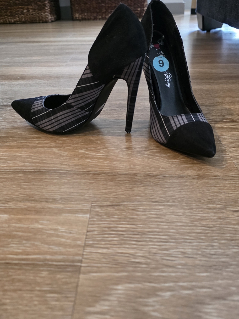 Black Plaid Pointed-Toe Stiletto Pumps